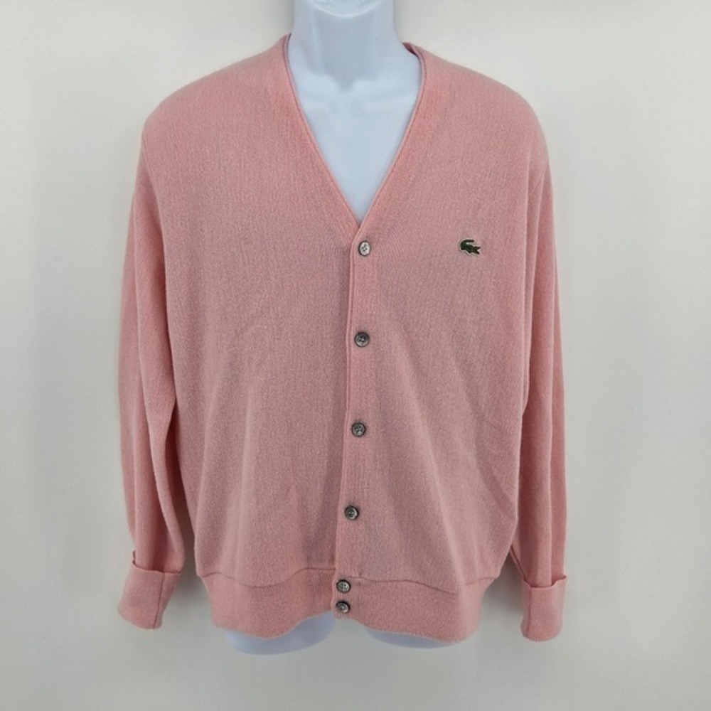 Vintage Izod Lacoste Pink Grandpa V-Neck Cardigan Sweater Mens Medium USA Made